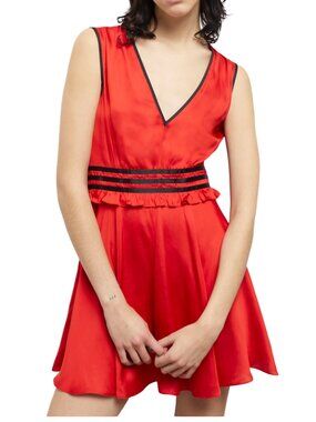 The Kooples Satin Dress Fit Flare Contrast Trim Red Black 2 US M NWT